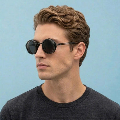 Man wearing round sunglasses and a dark shirt against a light blue background